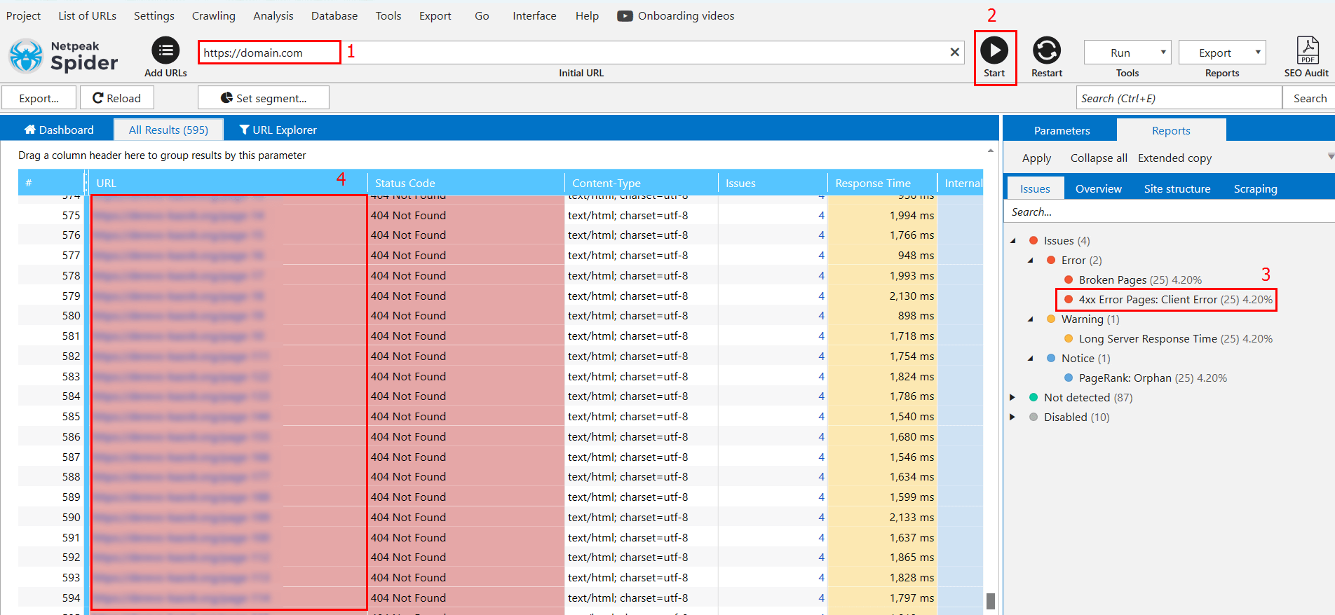 Netpeak Spider: '4xx Error Pages: Client Error’ report