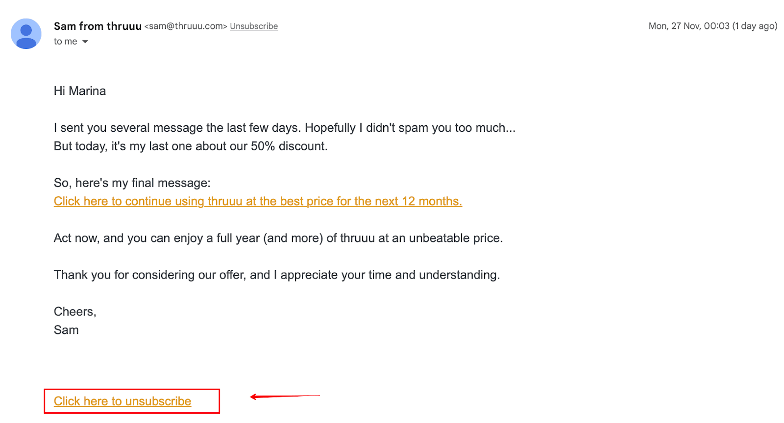 Opt-out or unsubscribe example