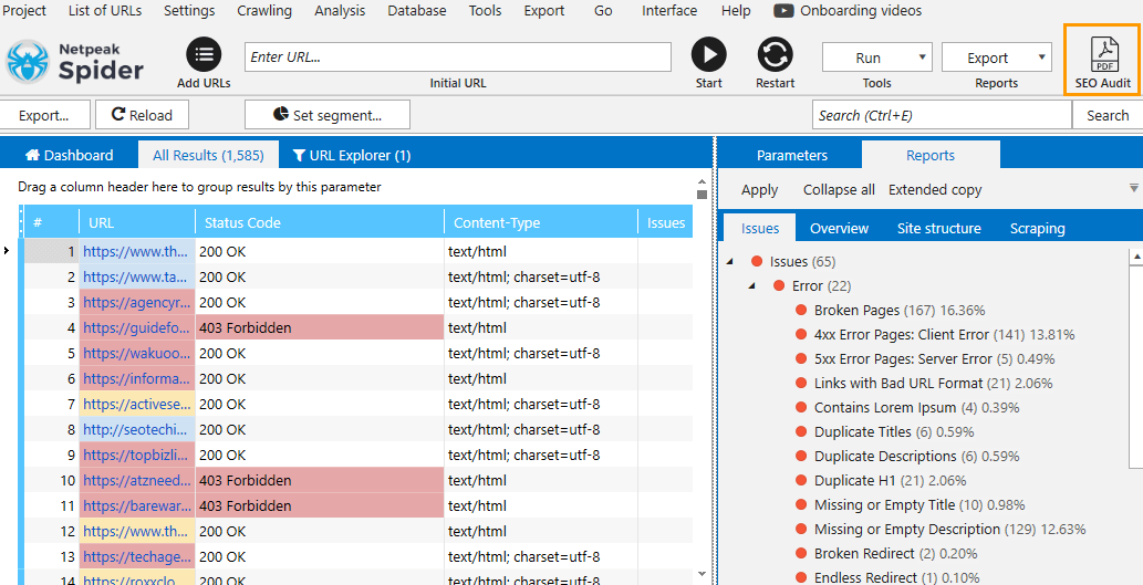 ‘SEO Audit’ button Netpeak Spider