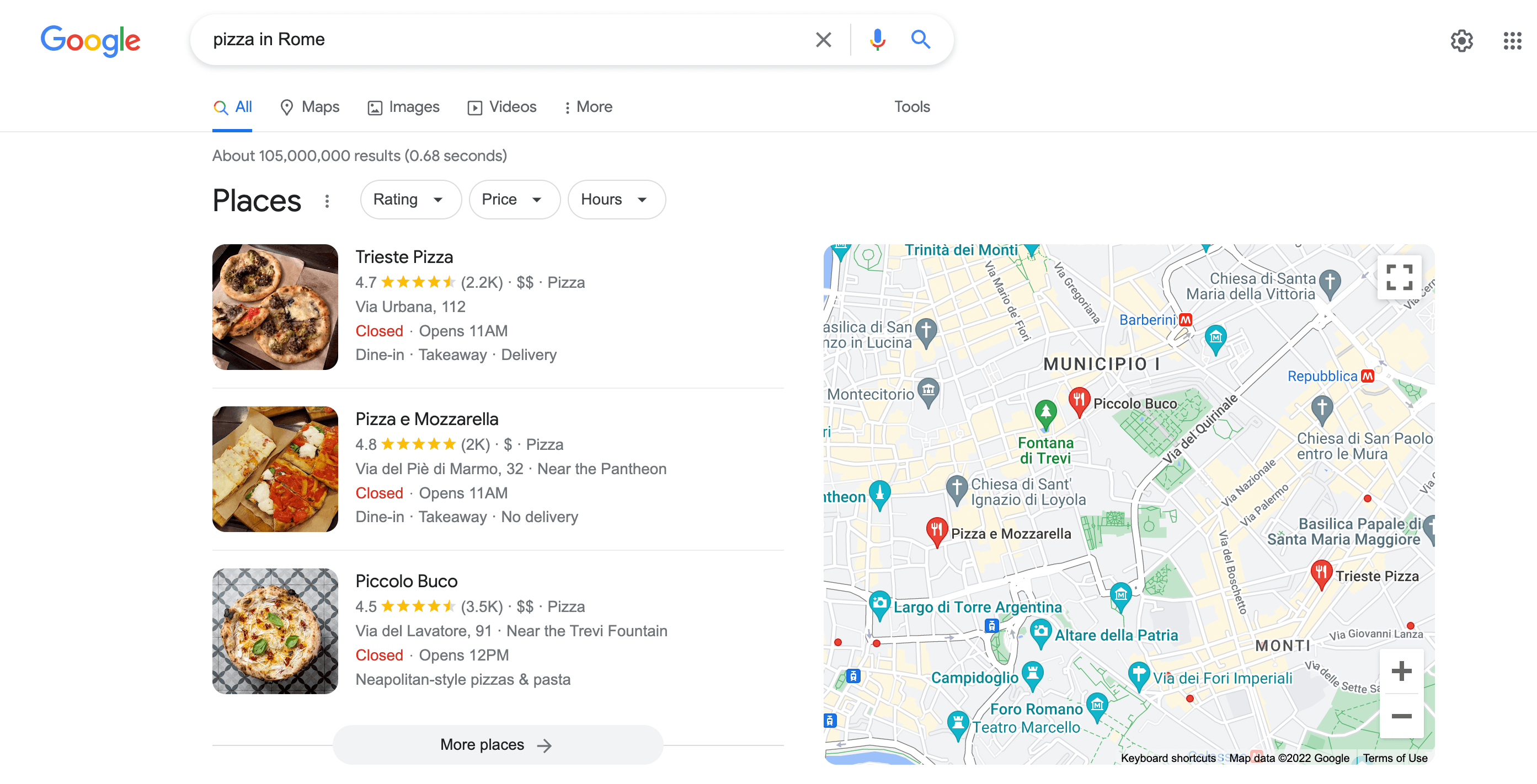 pizza in Rome search results