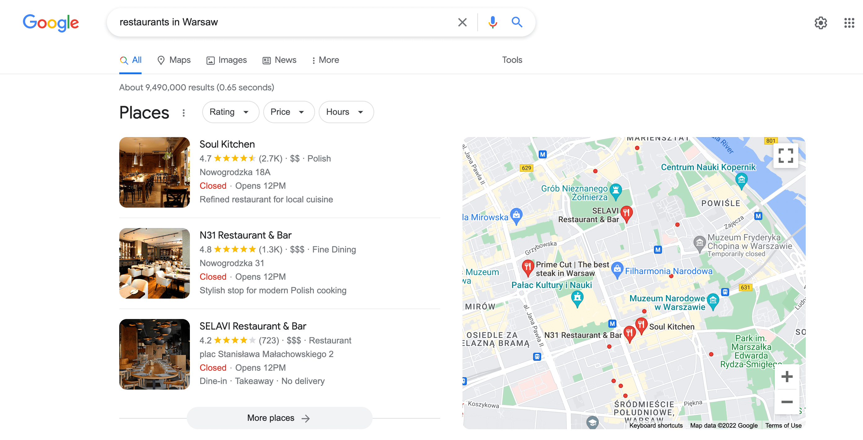 restaurants in Warsaw search results