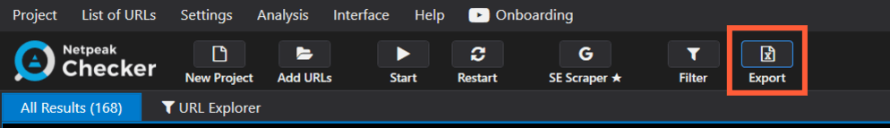 Netpeak Checker export menu button