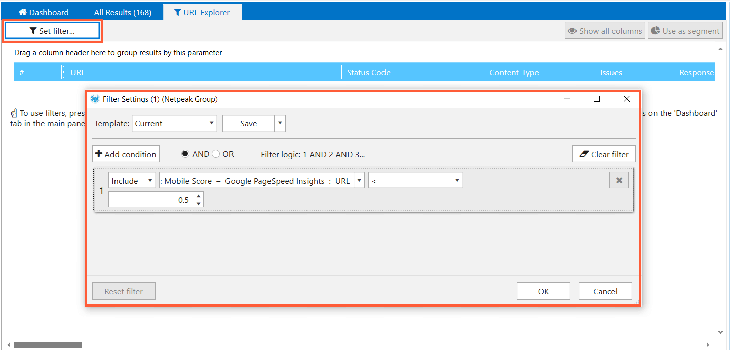 Filter by Mobile Score on Google Pagespeed Insights in Netpeak Spider