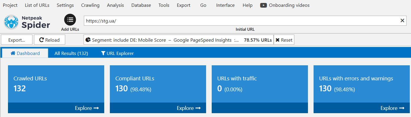 Filtered results by Mobile Score on Google Pagespeed Insights in Netpeak Spider