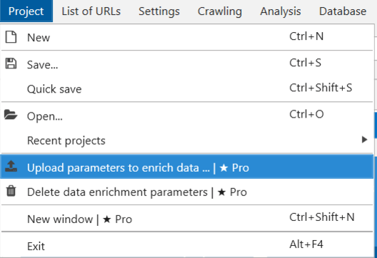 Function for uploading parameters to enrich data in Project menu of Netpeak Spider