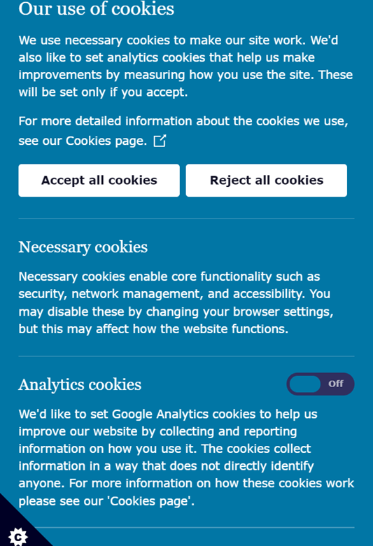 Форма согласия на обработку файлов cookie на вебсайте Information Commissioner’s Office Великобритании