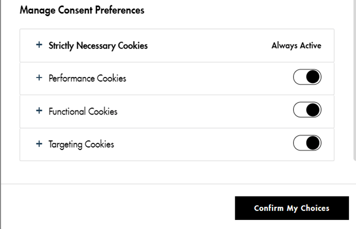 Страница «Cookie settings» на сайте магазина одежды