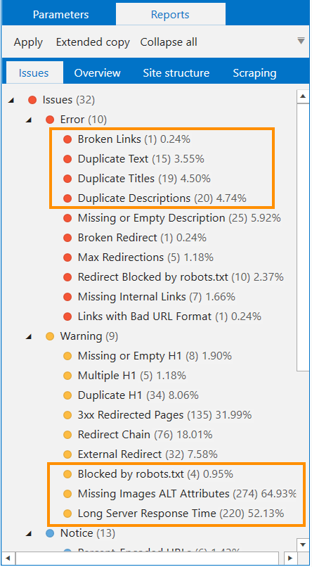 Ecommerce mistakes found by Netpeak Spider