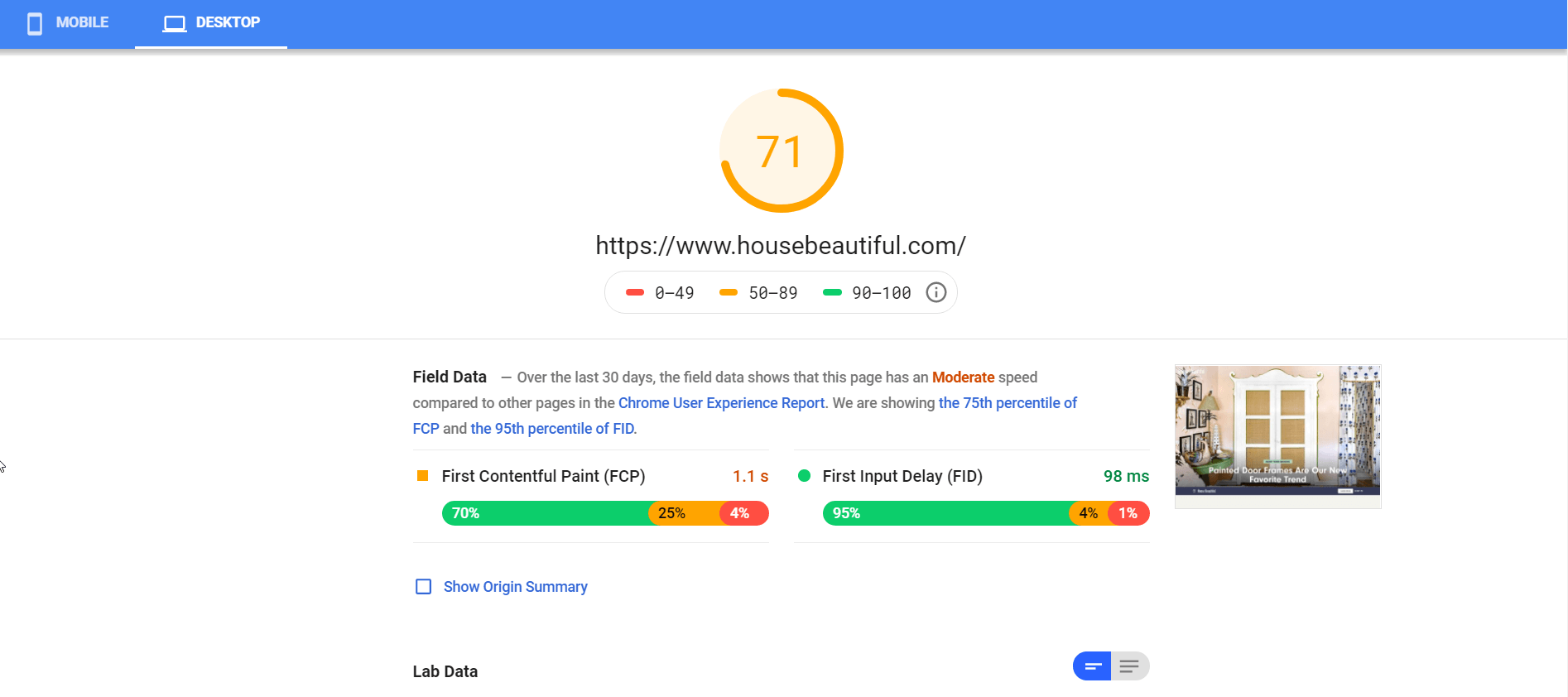 PageSpeed Insights test results