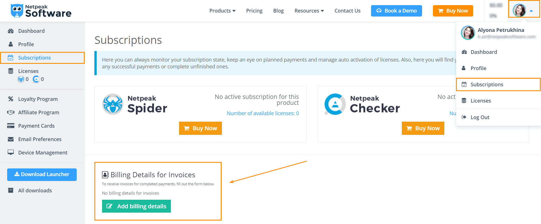 Billing details for invoices