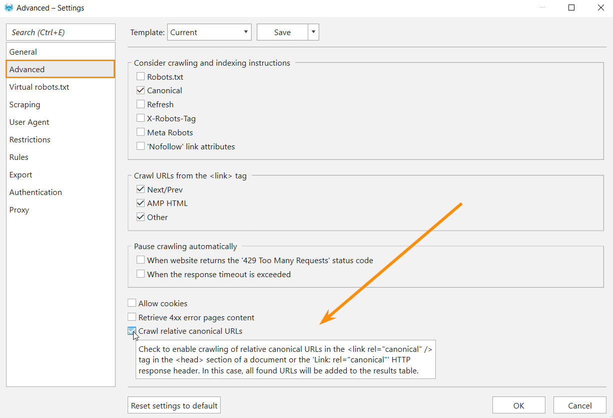 'Crawl relative canonical URLs' setting in Netpeak Spider