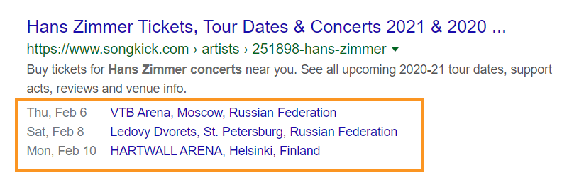 Example of events rich snippet in Google search results