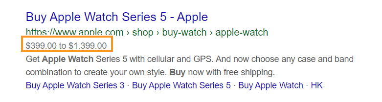 Product markup example in Google search results