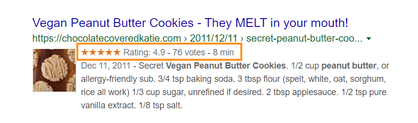 Example of recipe rich snippet in Google search results