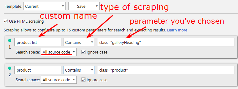 Scraping settings in Netpeak Spider to find thin product listing pages