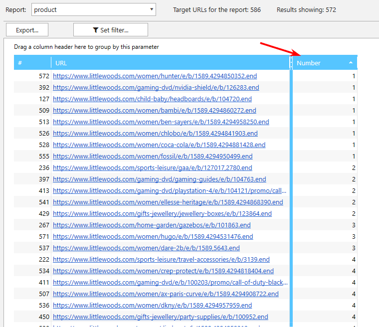 Sorting scraping results to find thin product listing pages