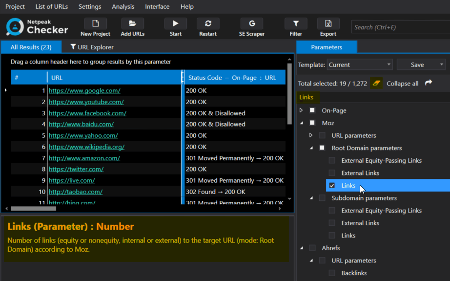 Tab with chosen parameter