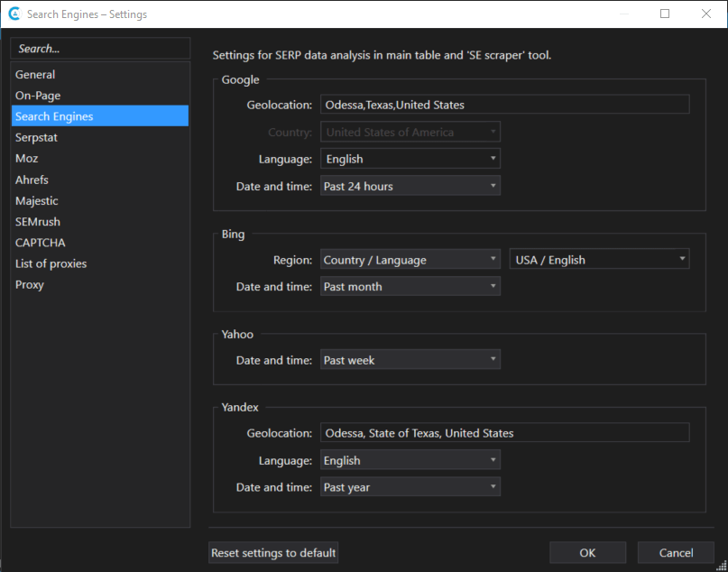 Tab with 'Search engines' settings 