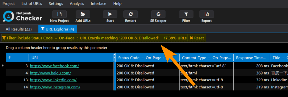 Tab with applied filter