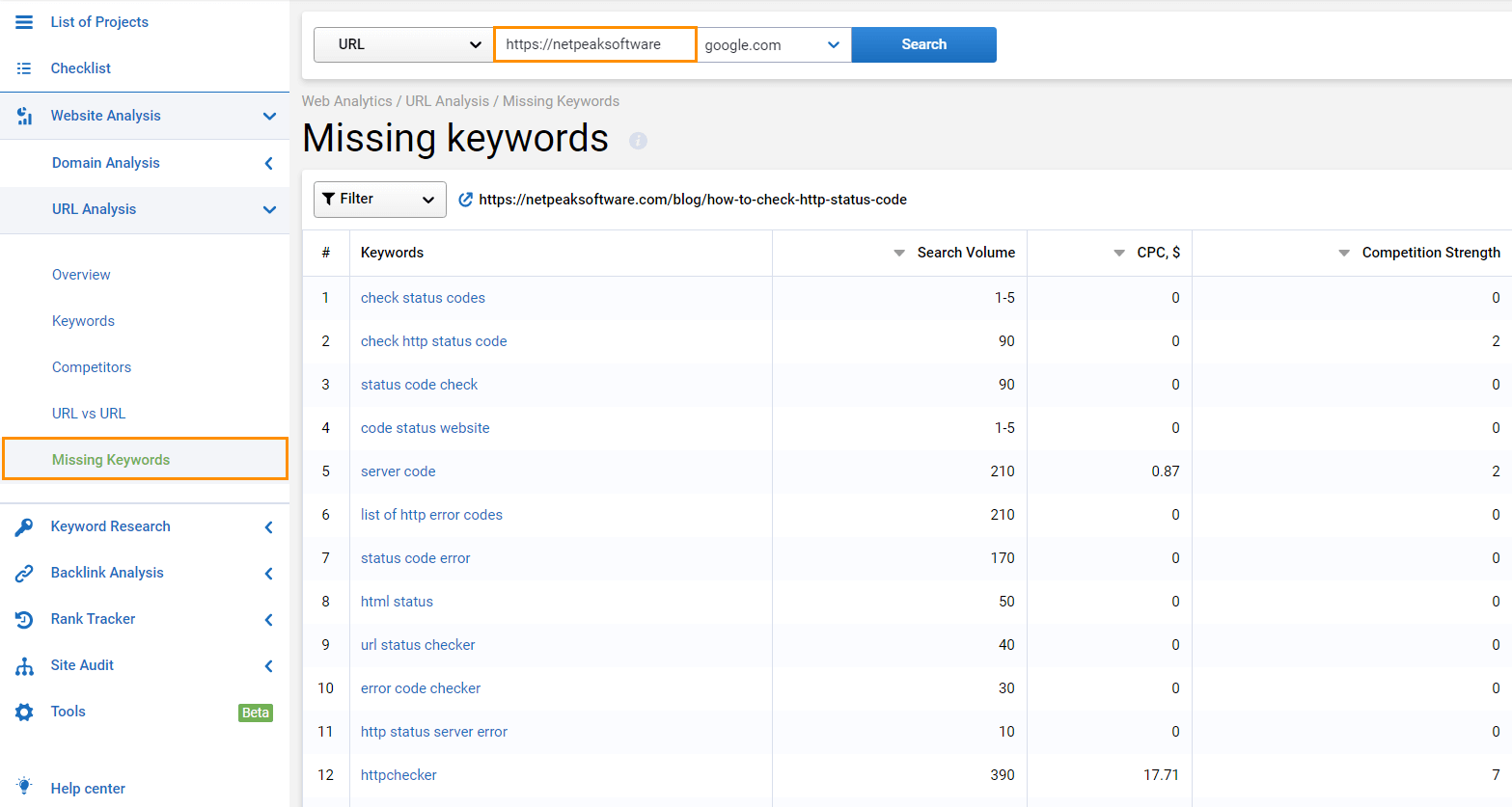 How to search for missing keywords in Serpstat
