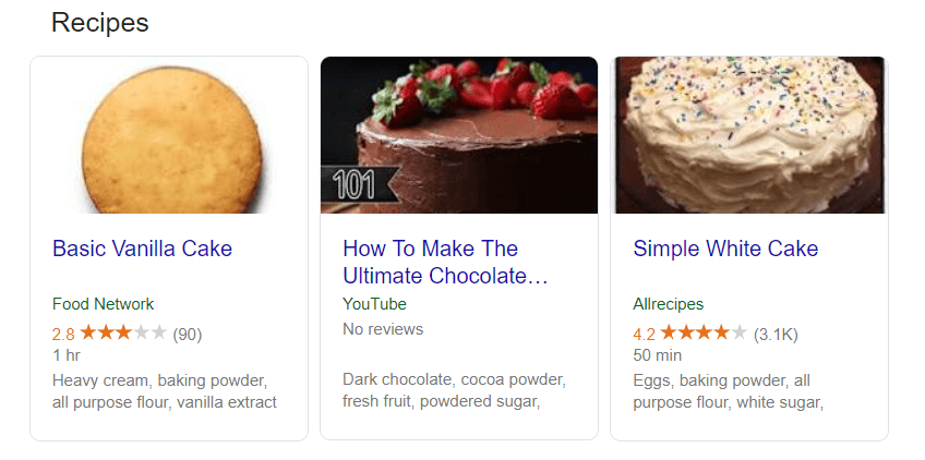 An example of how marked up recipes appear in search results