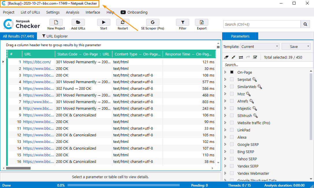 After you start Netpeak Checker, save a temporary project not to lose data as the program regularly deletes backups not to overload your hard drive