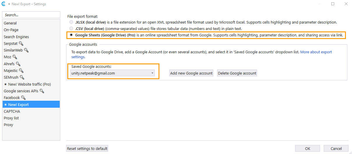 To export crawling results and reports to Google Drive, activate the Google Sheets (Google Drive) checkbox on the export settings tab of Netpeak Checker and then add a Google account