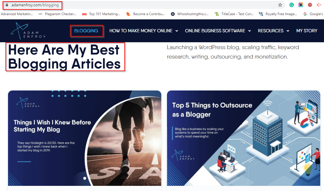 Example of a pillar page that links down to important blogging articles, resources, etc.