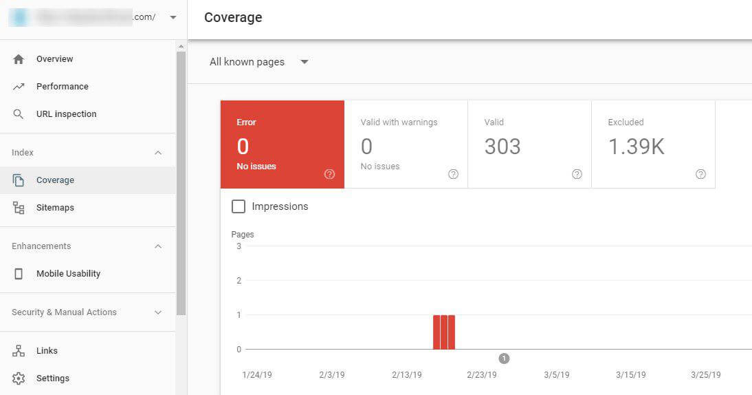 'Coverage' report in Google Search Console