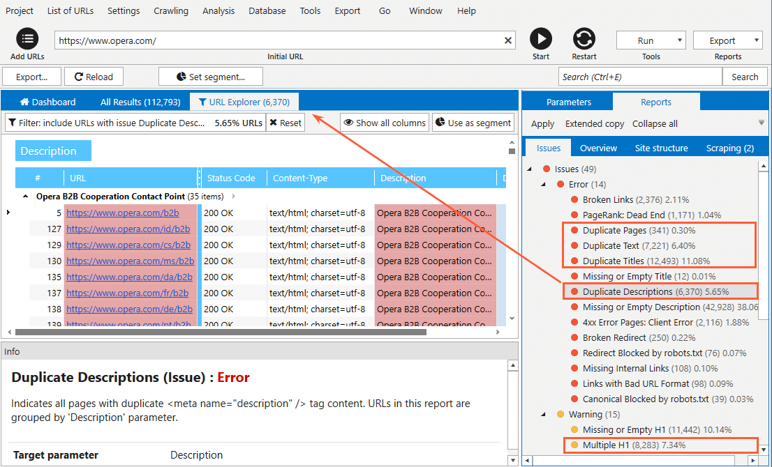 Duplicates found by Netpeak Spider