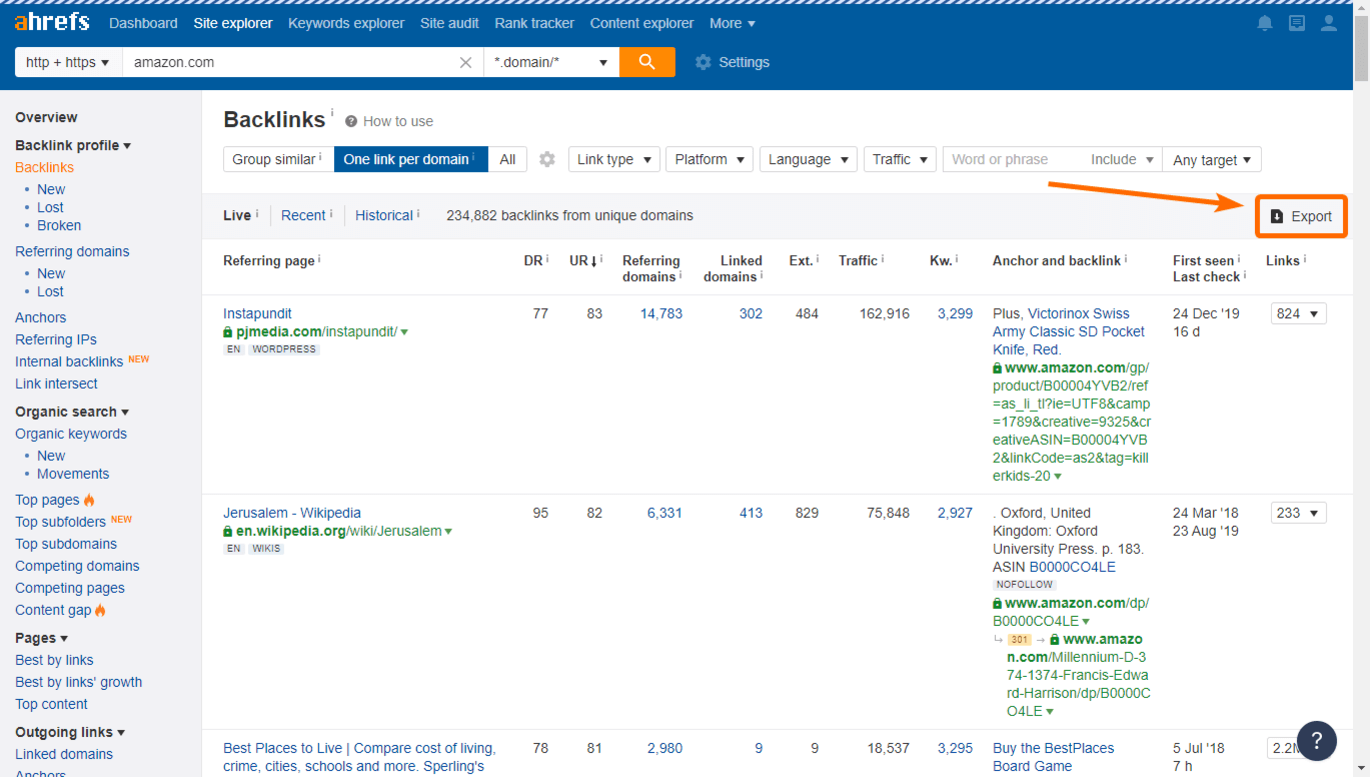 How to see referring domains and backlinks in Ahrefs