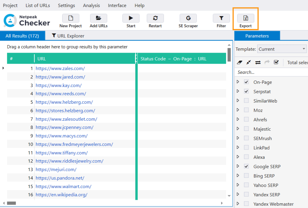 Export results with transfer hosts in Netpeak Checker