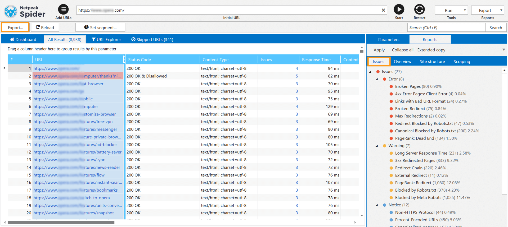 Export results in Netpeak Spider for further analysis