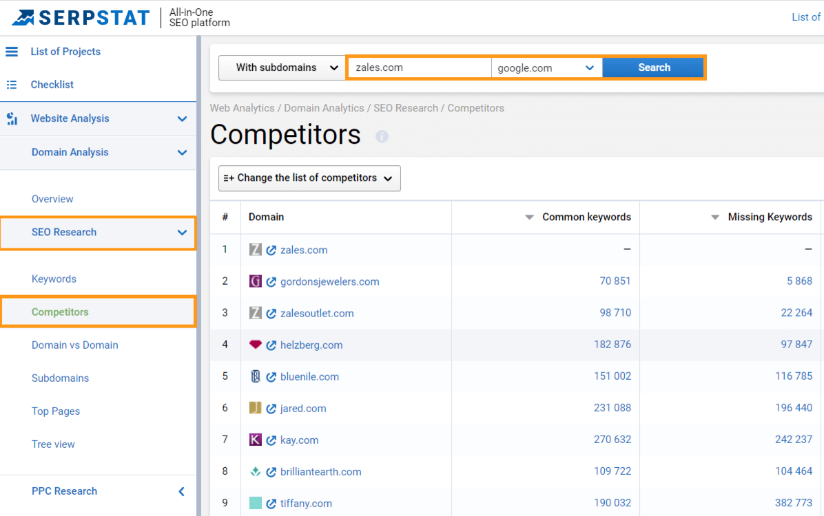 Find competitors in Serpstat