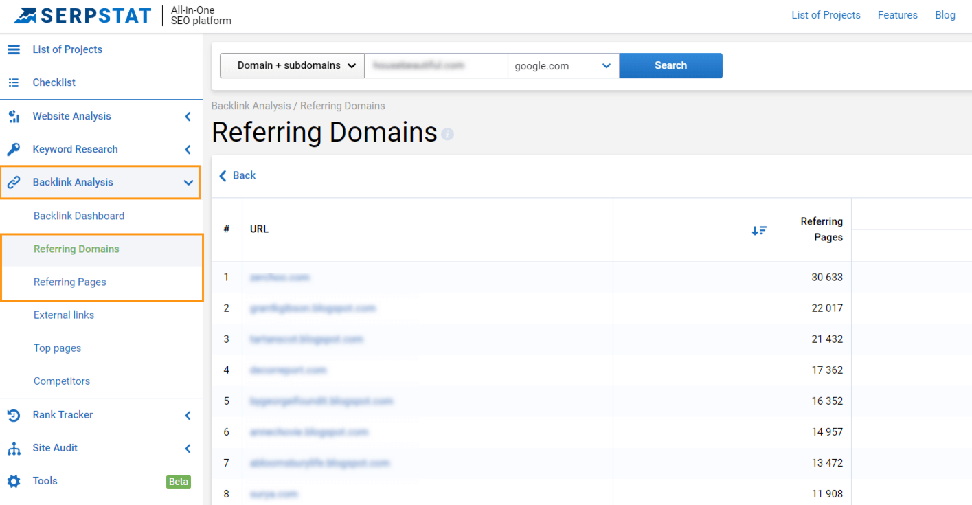 How to find referring domains in Serpstat