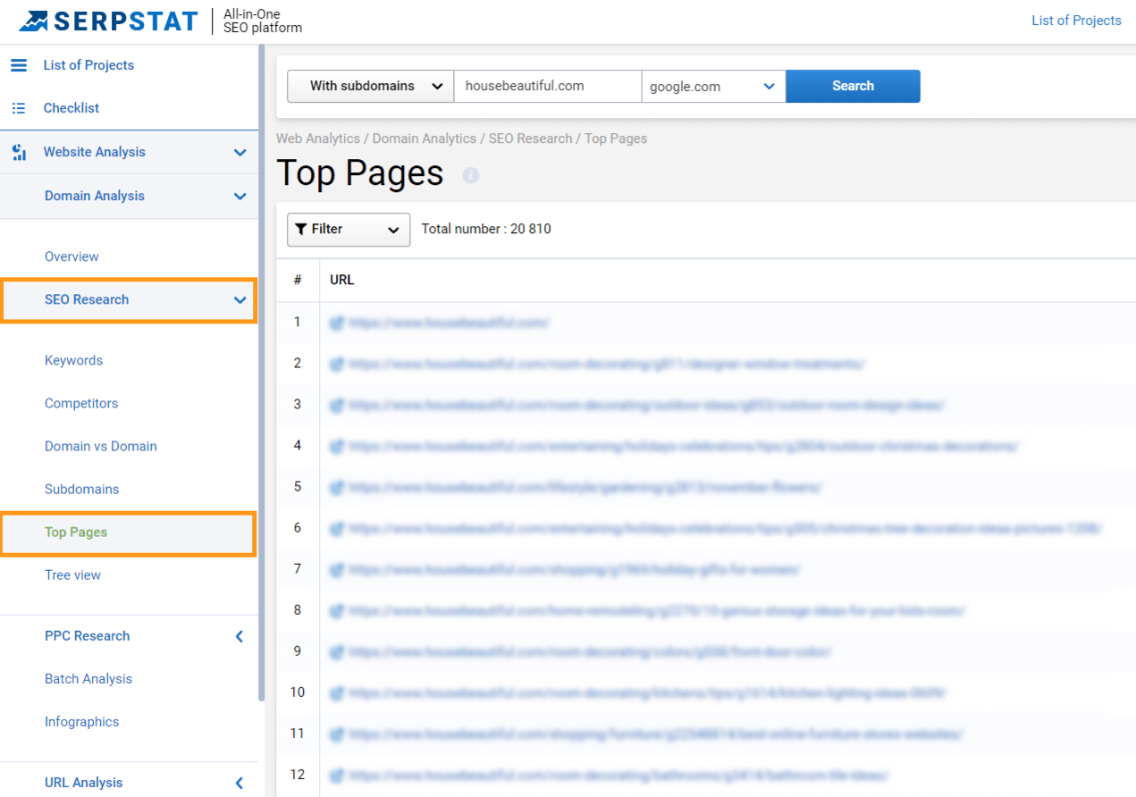 How to find top pages in Serpstat