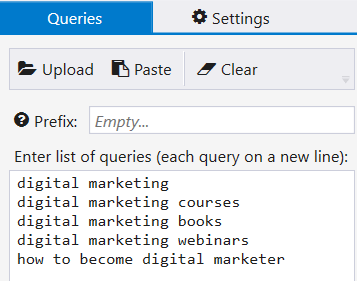 Open the ‘SE Scraper’ tab in Netpeak Checker and type in all possible queries