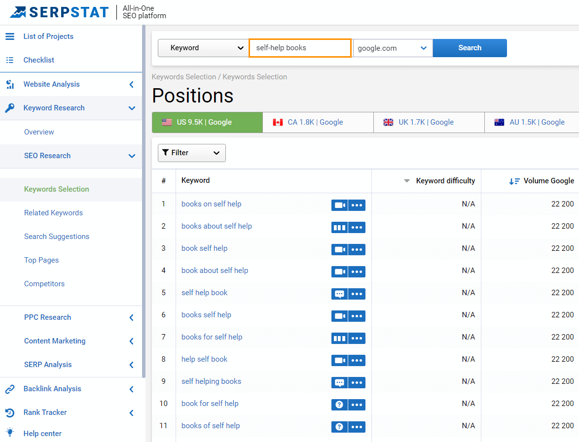 To refine your list of keywords, enter a primary keyword in Serpstat to get wider options