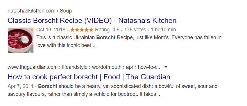 Example of snippet with recipe markup