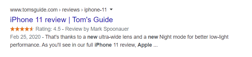 Example of snippet with star rating markup