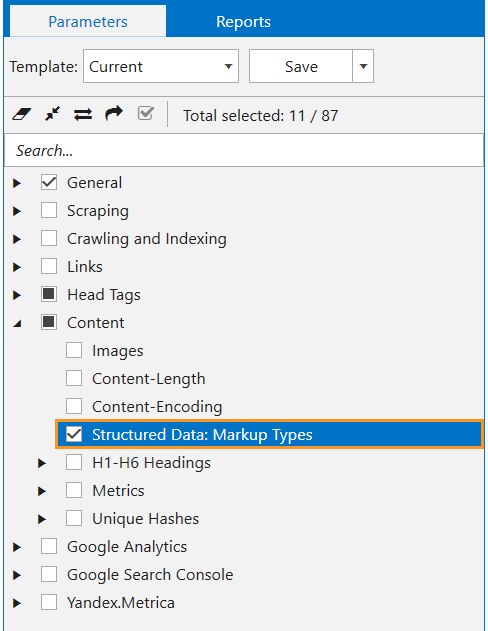 In Netpeak Spider, select ‘Structured Data: Markup Types’ parameter to detect structured data on the page