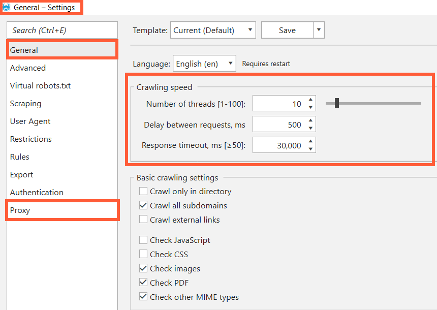 Crawling speed settings in Netpeak Spider