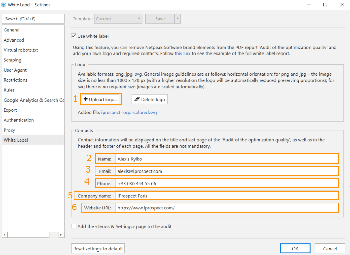 In the 'White label' settings of Netpeak Spider, you can specify the logo and any combination of contact information to be displayed in the PDF report