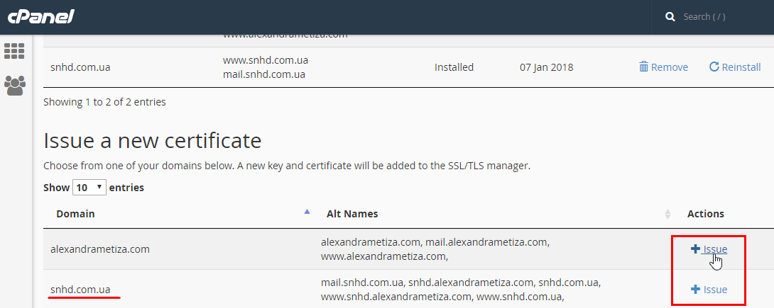 Issue a new certificate in cPanel