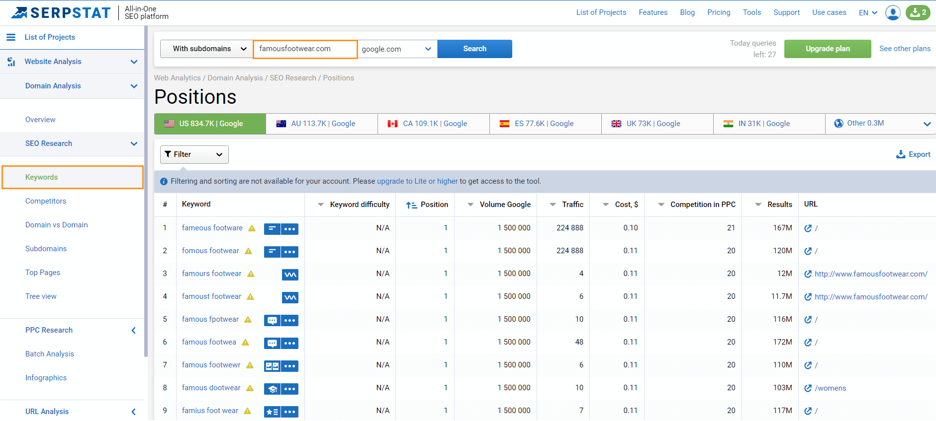 To compose a semantic core, you need to go to Serpstat to collect the keywords