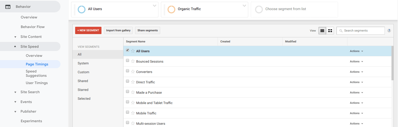 Adding the organic segment to other reports in Google Analytics