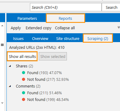 Scraping results in Netpeak Spider