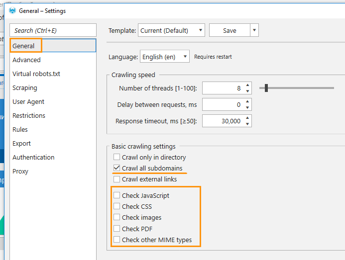 General settings to analyze competitors content