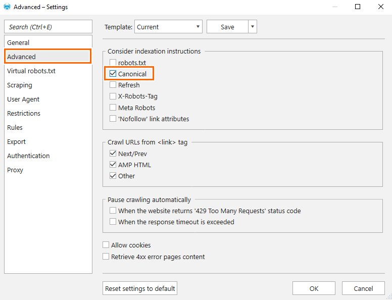 Enabling ‘Canonical‘ tag consideration in Netpeak Spider