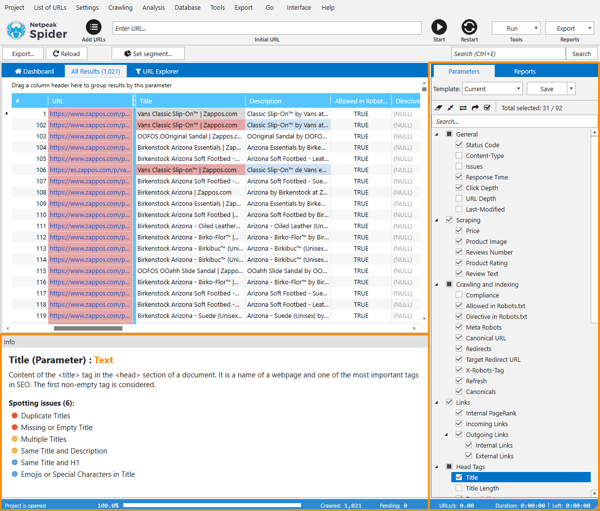 Crawling parameters and their description in Netpeak Spider